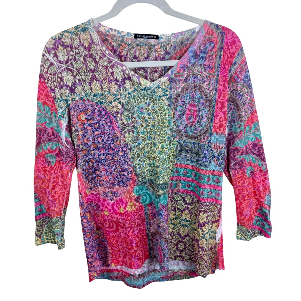 Katina Marie Womens Pink Paisley Patchwork V-Neck 3/4 Sleeve Semi Sheer Top M